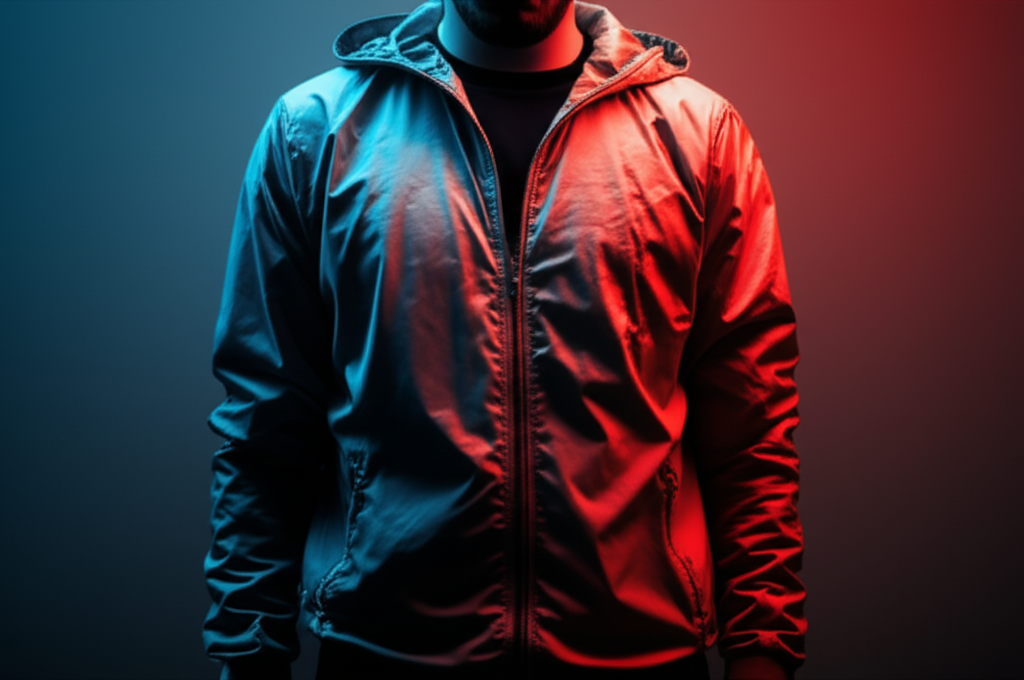 A close-up shot of a person wearing a jacket that subtly changes color and texture based on their apparent emotional state (e.g., calm = muted blues, stressed = flashing reds).
