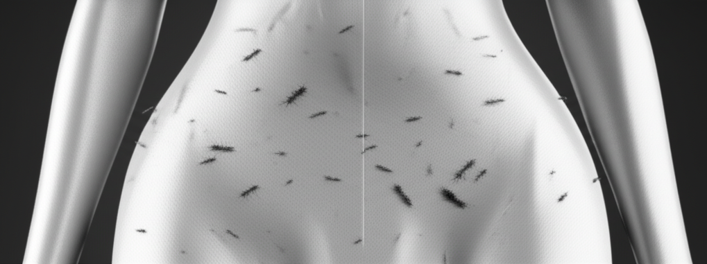 A close-up shot of a futuristic-looking garment, perhaps a sleek jacket or dress, with microscopic nanobots visibly interacting with a stain or wrinkle on its surface, causing it to disappear or smooth out.  The nanobots should be subtly stylized, not realistic, and the overall effect should be clean and sleek.