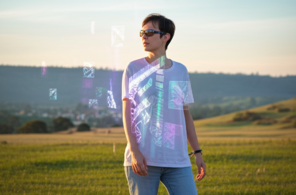 A person, seemingly in a real-world setting, wearing simple clothing.  Overlaid onto their clothing are shimmering, holographic-like augmented reality designs that shift and change subtly as they move.