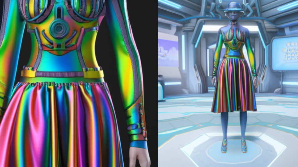 A close-up split screen.  One side shows a highly detailed, futuristic clothing design rendered in vibrant, almost iridescent colors and textures. The other side shows a sleek, customizable avatar in a virtual world environment wearing that same clothing design.