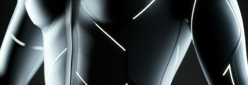 A close-up of a sleek, futuristic garment partially transparent, revealing intricate, glowing sensor lines woven into the fabric.  The sensors subtly pulse with soft light.