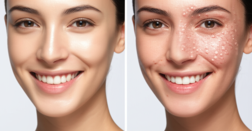 A split screen.  One side shows a person with flawless, glowing makeup, looking happy and confident. The other side shows the same person with a visibly bad reaction to makeup, perhaps a rash or irritated skin.