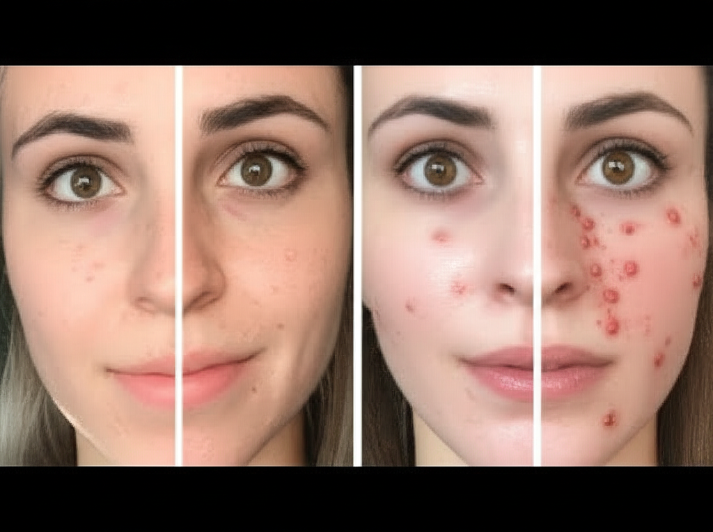 A split screen.  One side shows a before-and-after photo of a person with significantly improved skin/makeup, the other side shows a person with a visibly bad reaction (e.g., irritated skin, a breakout) from a beauty hack.