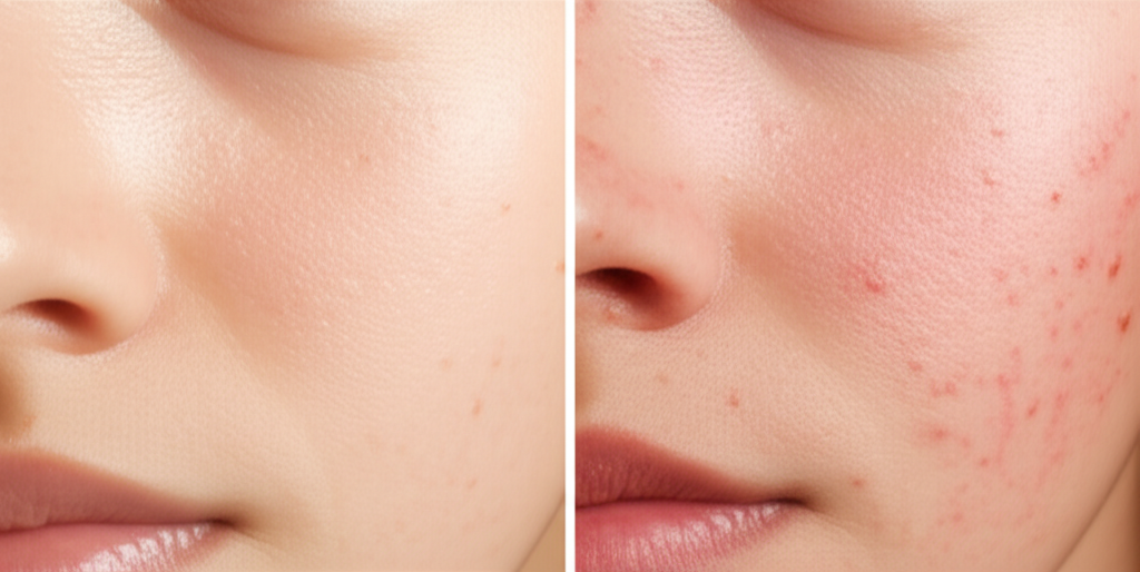 A split image.  One side shows healthy, glowing skin. The other side shows irritated, red skin with a visible breakout.