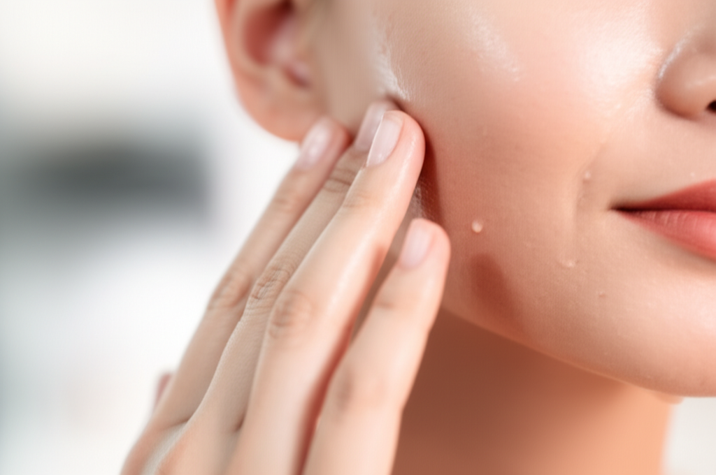 A close-up of a hand gently touching a person's cheek, showcasing healthy, glowing, subtly dewy skin.  The background is blurred but softly lit.