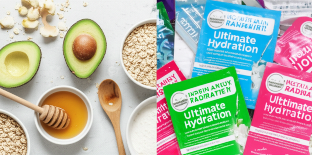 A split screen image.  One side shows a meticulously arranged collection of natural ingredients (e.g., avocado, honey, oatmeal) beside simple, clean DIY mask-making tools. The other side shows a cluttered array of brightly colored, commercially packaged face masks with exaggerated claims on their labels.