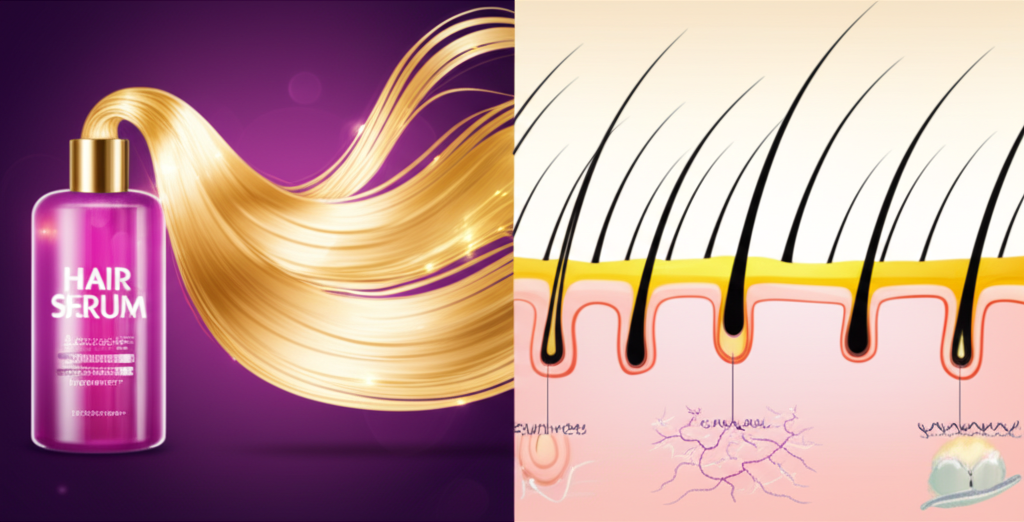 A split image.  One side shows a stylized, brightly lit bottle of hair serum with exaggeratedly long, shiny hair cascading from it. The other side shows a microscopic view of a hair follicle, scientifically accurate and detailed, with perhaps some subtle graphical elements showing slowed or accelerated hair growth.