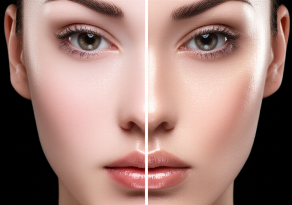 A split-face image showing a before-and-after of a person's face with contouring and highlighting applied.  The 