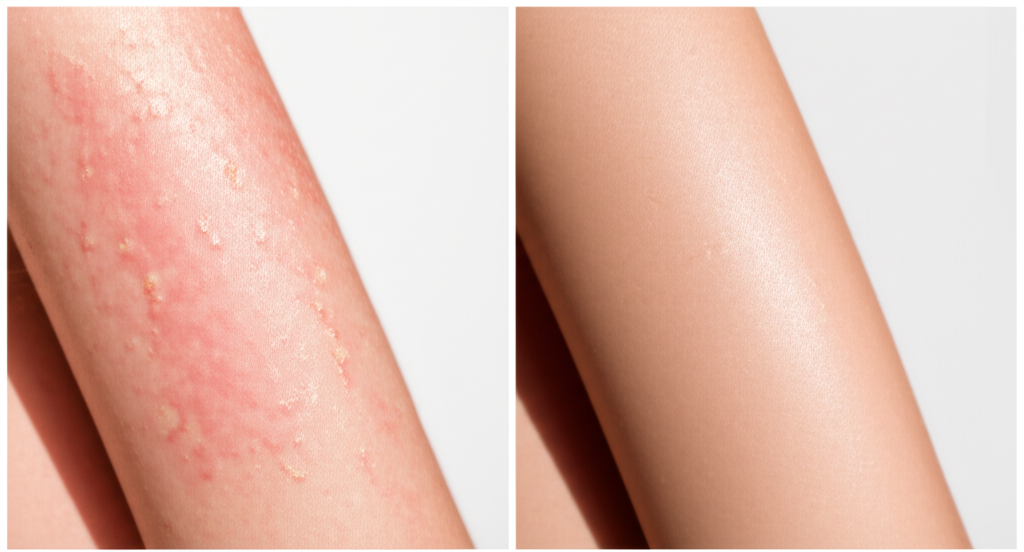 A split image.  One side shows a person with sunburnt, peeling skin. The other side shows healthy, glowing skin with a subtle, natural sheen.