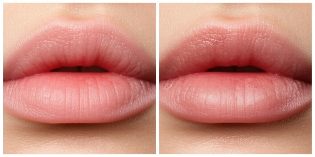 A split image.  One side shows a close-up of healthy, naturally full lips. The other side shows the same lips, but visibly irritated, swollen, and possibly slightly discolored.