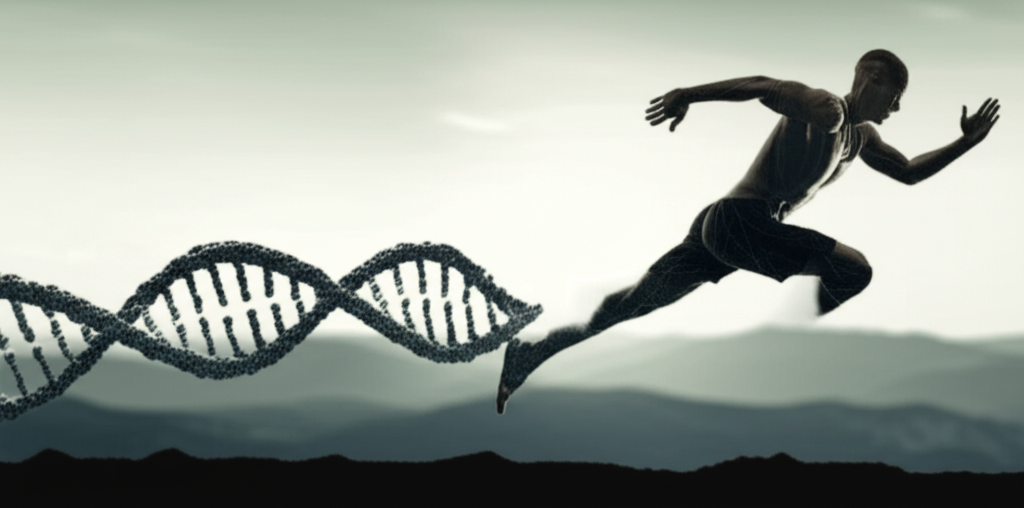 A stylized double helix DNA strand subtly morphing into a human figure engaged in a dynamic workout (e.g., running, lifting weights).