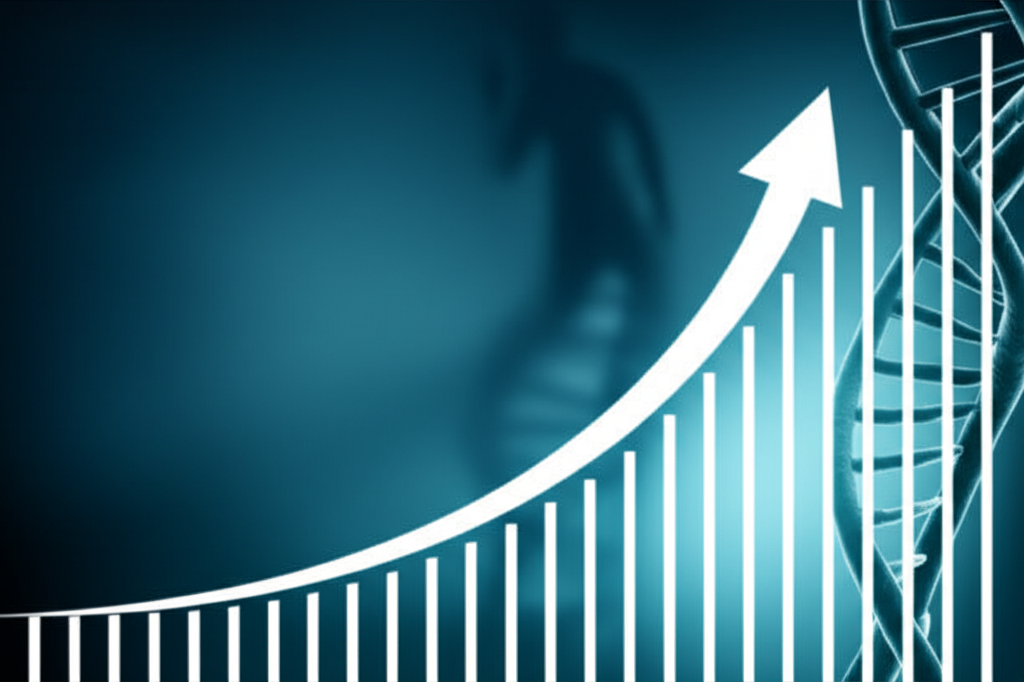 A stylized, upward-trending graph showing a person's overall fitness level increasing over time, overlaid on a partially transparent image of a DNA double helix.