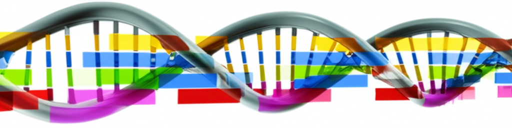 A stylized double helix DNA strand subtly interwoven with colorful bars representing different macronutrients (carbohydrates, fats, proteins).