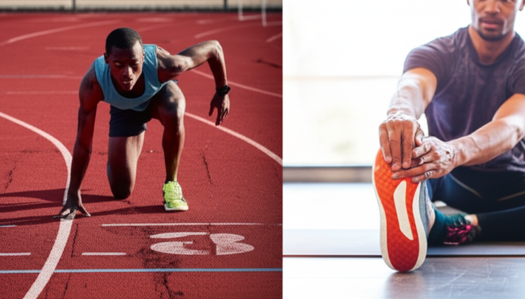 A split image.  One side shows a person intensely exercising (e.g., sprinting), the other side shows the same person engaged in active recovery (e.g., gentle stretching or foam rolling).