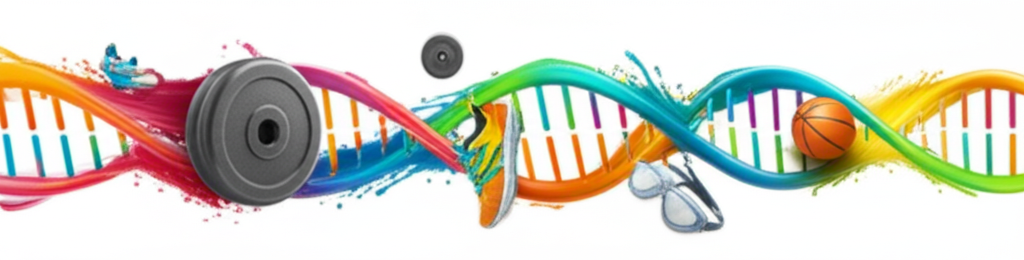 A stylized DNA strand intertwined with various sports equipment (e.g., a basketball, running shoe, weight, swimming goggles).