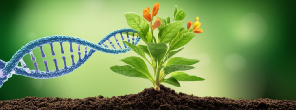 A stylized, colorful infographic showing a strand of DNA subtly transforming into a vibrant, healthy plant sprouting from soil.