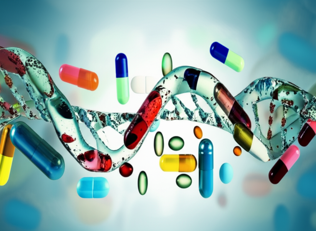 A stylized DNA double helix intertwined with various colorful supplement capsules and pills.