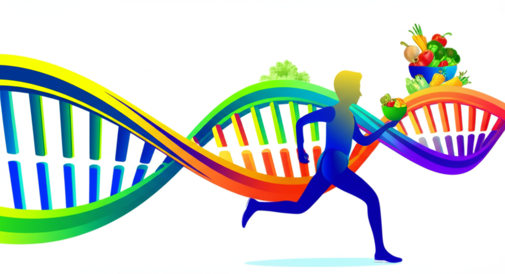 A stylized double helix DNA strand intertwined with a stylized human figure engaged in both healthy eating (e.g., a portion of colorful vegetables) and physical activity (e.g., jogging).