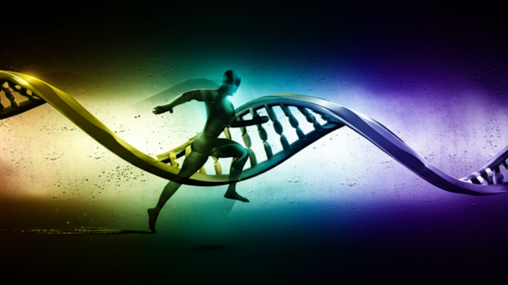 A stylized double helix DNA strand intertwined with a human figure engaged in athletic activity (running, weightlifting, or swimming).