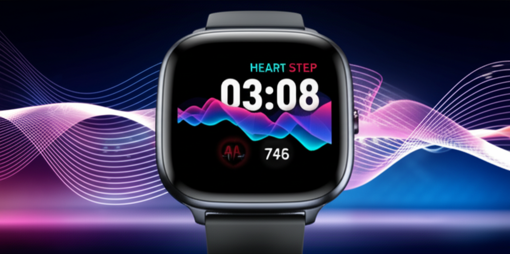 A stylized close-up of a smartwatch or fitness tracker displaying biometric data (heart rate, steps, etc.) overlaid with a dynamic, abstract representation of a personalized workout plan; perhaps swirling lines and shapes symbolizing energy and movement.