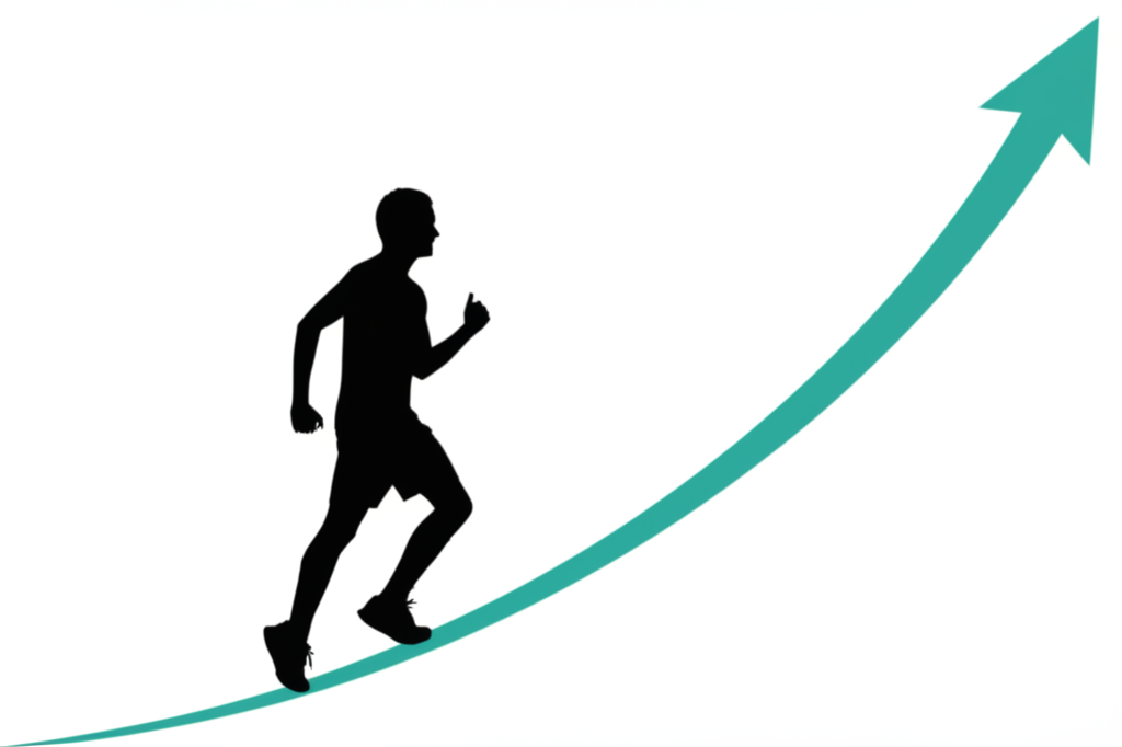 A stylized upward-trending graph, with a healthy, active person silhouetted against it.