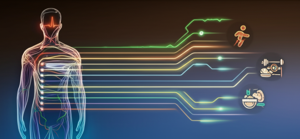 A stylized infographic showing a human silhouette overlaid with glowing lines representing various biometric data points (heart rate, sleep patterns, muscle activity, etc.) flowing into a personalized fitness plan represented by a stylized workout icon and a healthy meal.