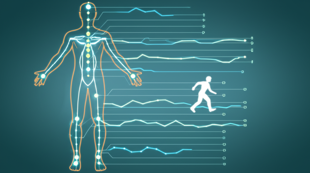 A stylized infographic showing a human silhouette overlaid with glowing lines representing different biometric data points (heart rate, sweat, muscle activity, etc.)  changing dynamically in response to different activities (yoga, weightlifting, running).
