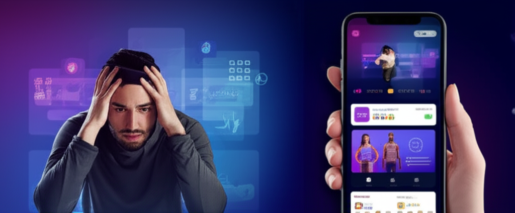A split screen.  One side shows a person looking stressed and overwhelmed by a generic workout app interface displaying chaotic workout options. The other side shows the same person looking relaxed and confident, using a sleek app interface clearly displaying a customized workout plan with charts and graphs incorporating personalized biometric data.