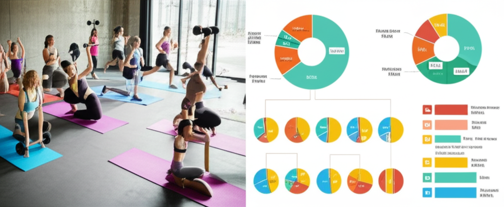 A split screen.  One side shows a diverse group of people exercising in various ways (yoga, weightlifting, running), each with a different body type and apparent fitness level. The other side shows a stylized graphic representation of personalized nutrition plans – perhaps colorful charts or graphs showing different macronutrient breakdowns for each person from the exercise side, with subtle connections linking each person to their unique plan.