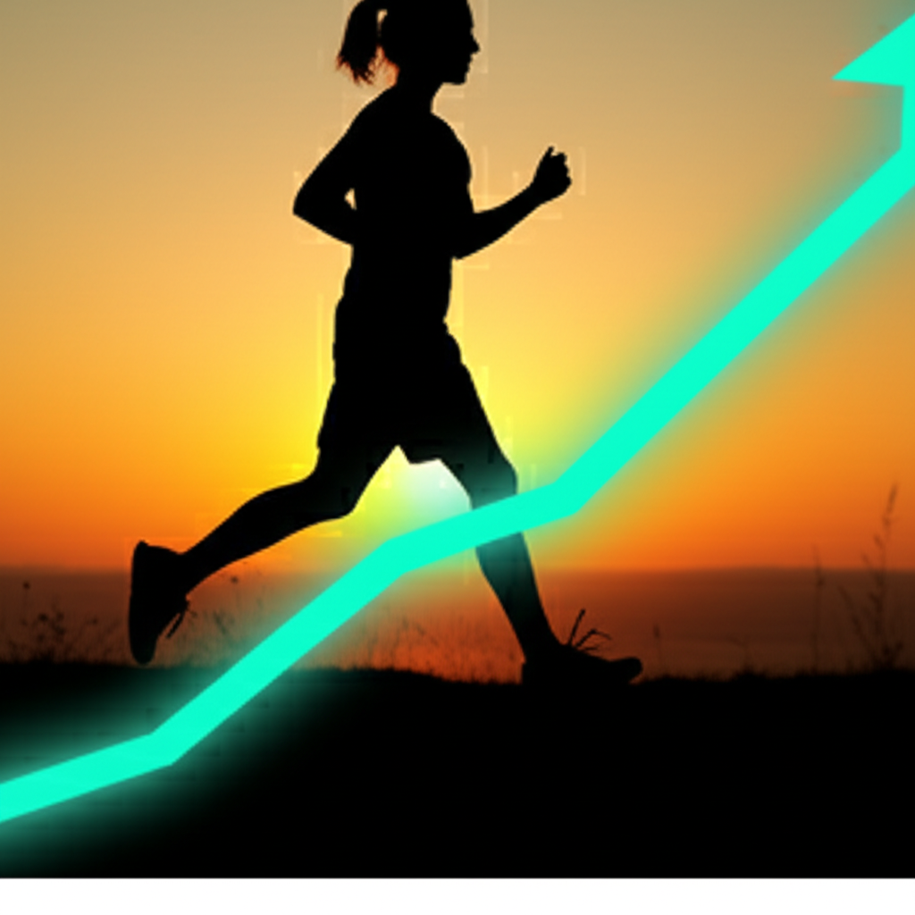 A stylized upward-trending graph overlaid on a person's silhouette engaged in a fitness activity (e.g., running, weightlifting).  The graph's line should be vibrant and clearly show positive progress.