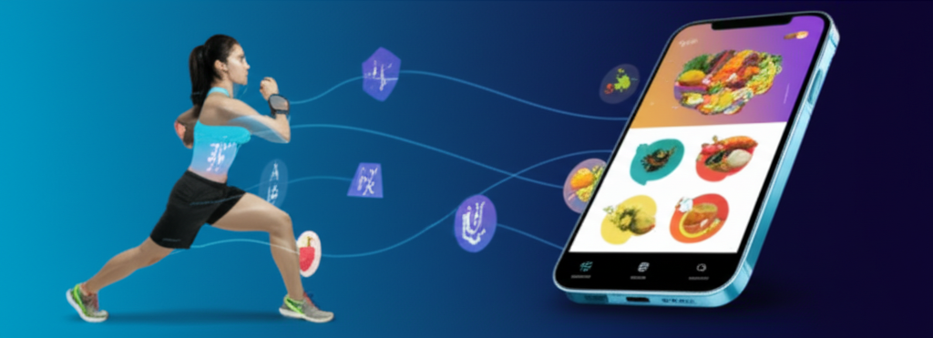 A stylized infographic showing a person exercising, with various biometric data points (heart rate, calories burned, steps taken) flowing visually from their body into a phone or smartwatch app which then generates a personalized workout/nutrition plan.