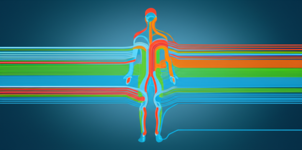 A stylized, partially transparent human figure (outline only, not a realistic depiction) with interconnected lines radiating outward, representing data streams. Some lines are highlighted in a cautionary color (e.g., red or orange), while others are a positive color (e.g., green or blue).  The overall impression is one of data flow with areas of potential risk clearly marked.
