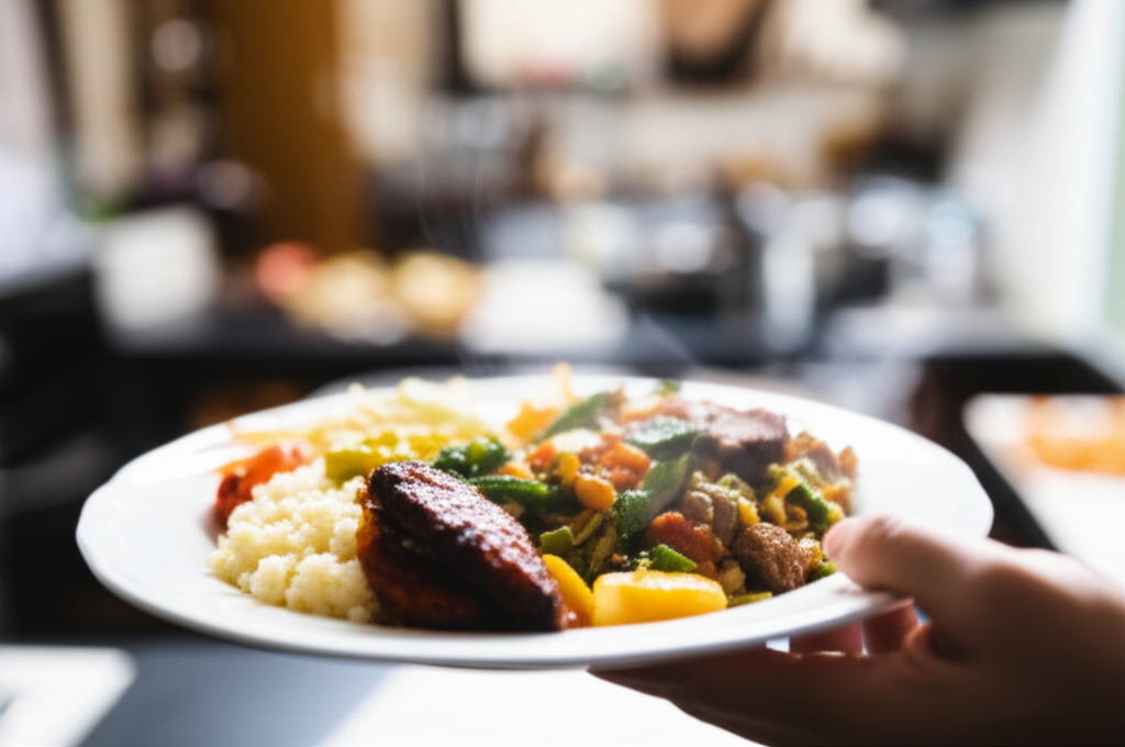 A close-up shot of a steaming plate of diverse, appetizing food, with a blurry background showing a friendly-looking person's hand holding the plate, and subtly visible in the far background, a cozy home kitchen.