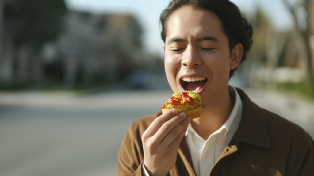 A close-up shot of a satisfied person taking a bite of a delicious-looking meal, with a subtly blurred background showing a friendly-looking neighborhood street.