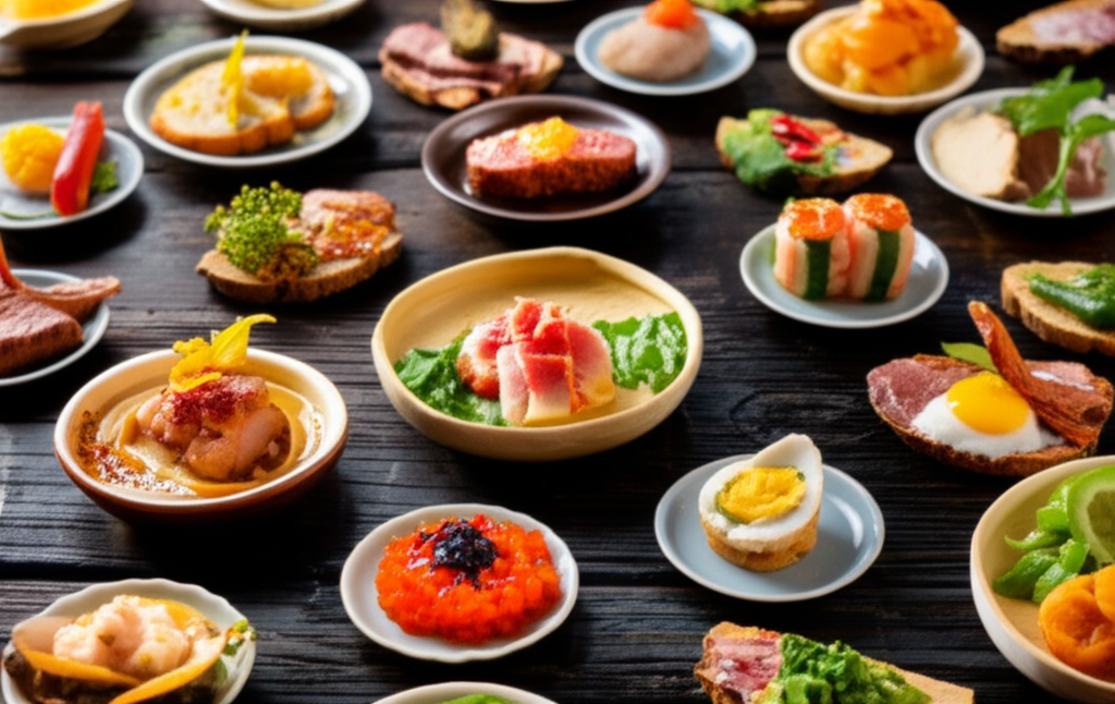 A close-up shot of a diverse array of beautifully plated, small portions of food from various cuisines, arranged artfully on a rustic wooden surface.  The food should look homemade and visually appealing, suggesting a variety of flavors and cultures.