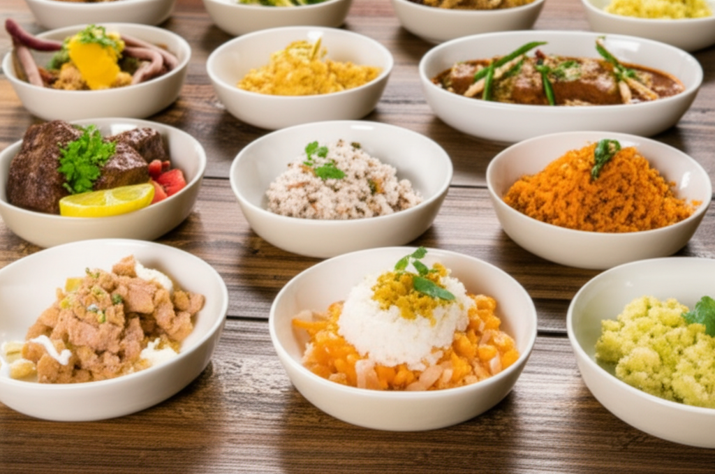 A close-up shot of a diverse array of beautifully plated, small portions of different home-cooked meals, arranged artfully on a rustic wooden table.  The focus is on the vibrant colors and appealing presentation of the food.