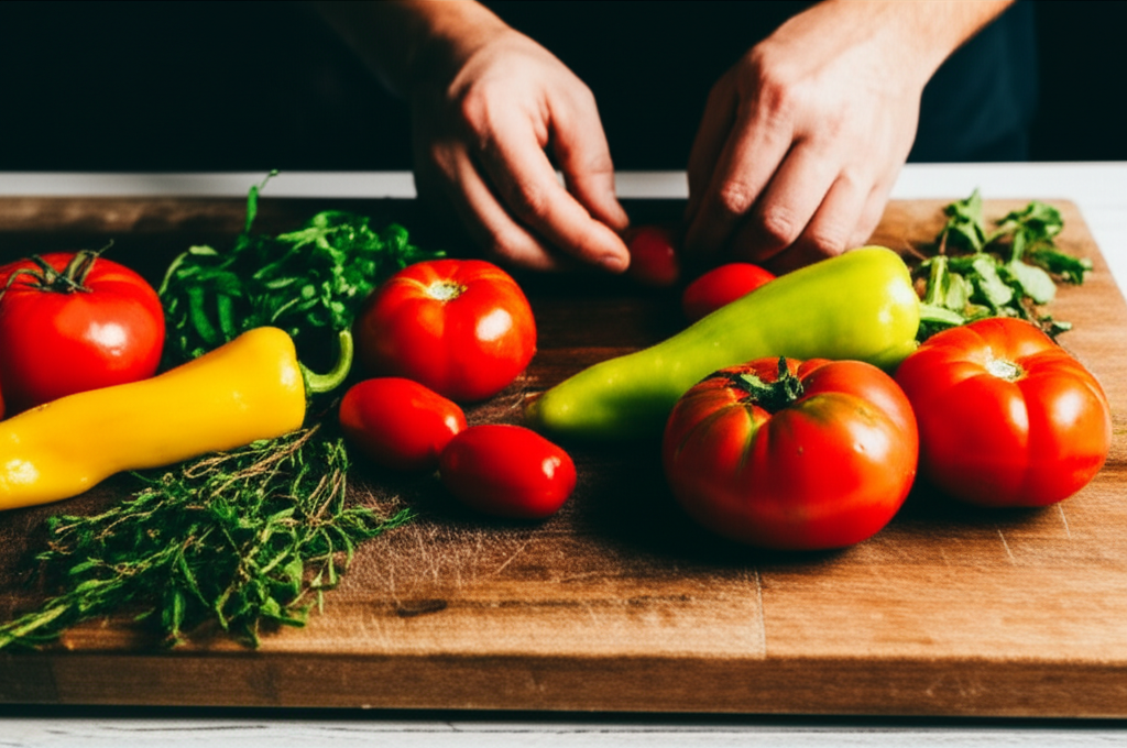 A close-up shot of a chef's hands carefully arranging vibrant, colorful, and fresh local produce (e.g., tomatoes, peppers, herbs) on a rustic wooden cutting board.