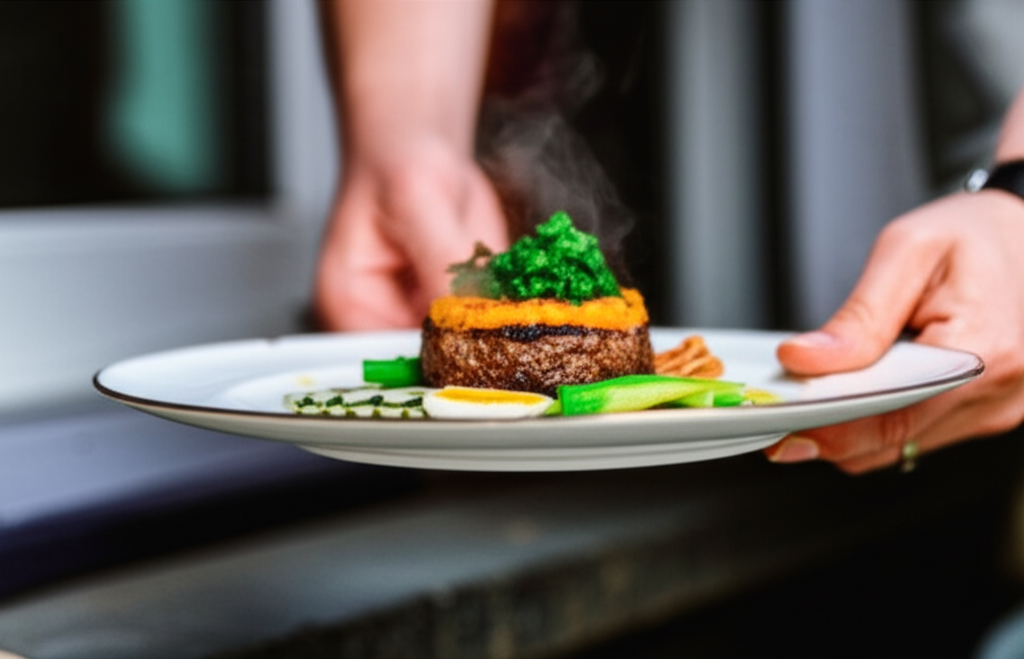 A close-up shot of a beautifully plated meal, steaming slightly,  with a blurred background showing a friendly-looking person's hand gently placing it on a doorstep.