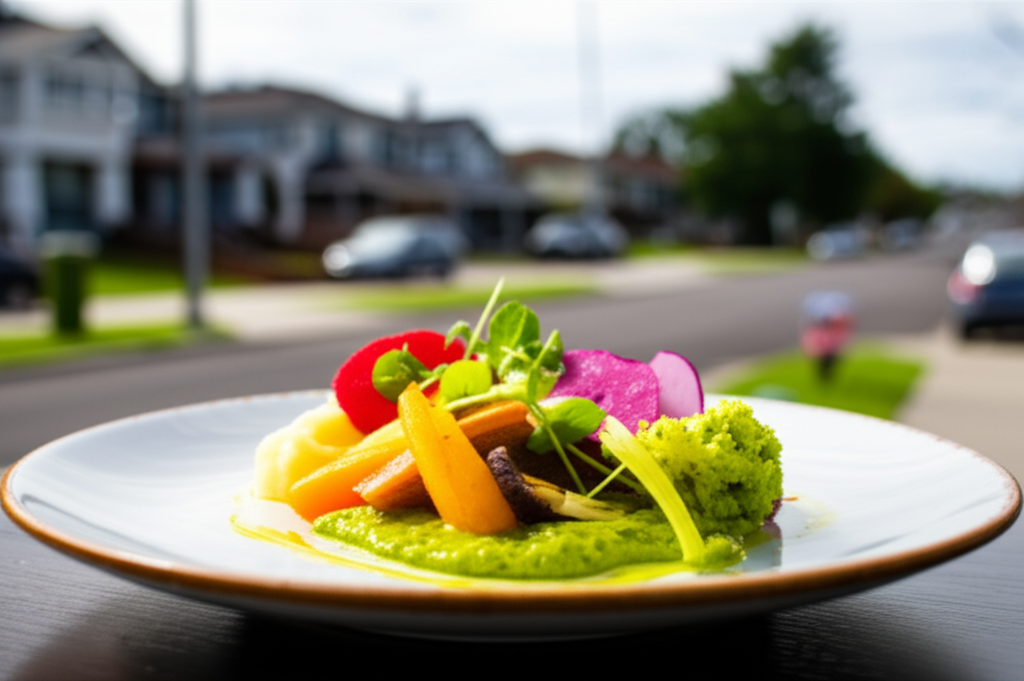 A close-up shot of a beautifully plated meal, showcasing diverse, fresh ingredients and artful presentation, with a subtly blurred background showing a friendly-looking neighborhood street scene.