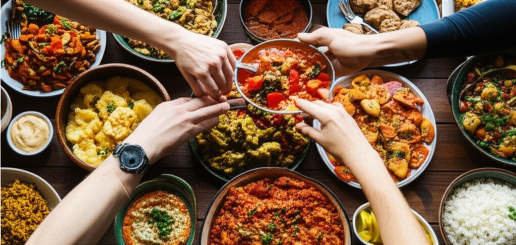 A close-up shot of diverse hands reaching across a table laden with vibrant, home-cooked meals from different cuisines.