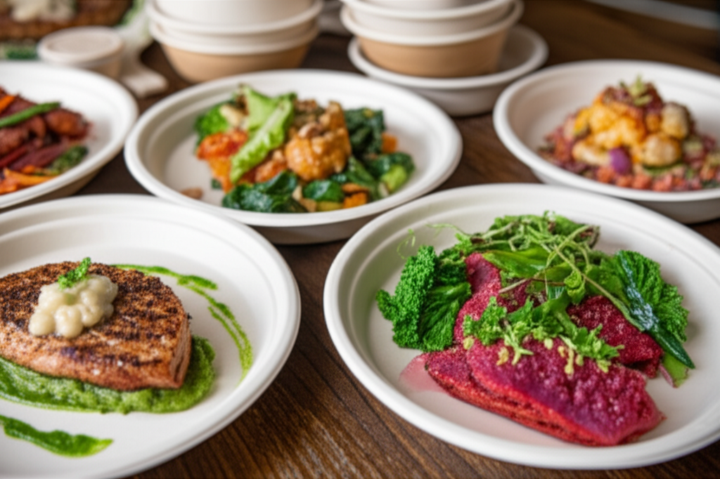 A close-up shot of diverse, appealing chef-prepared meals arranged artfully on a rustic wooden table, with visible, minimal, compostable packaging in the background subtly suggesting eco-friendliness.