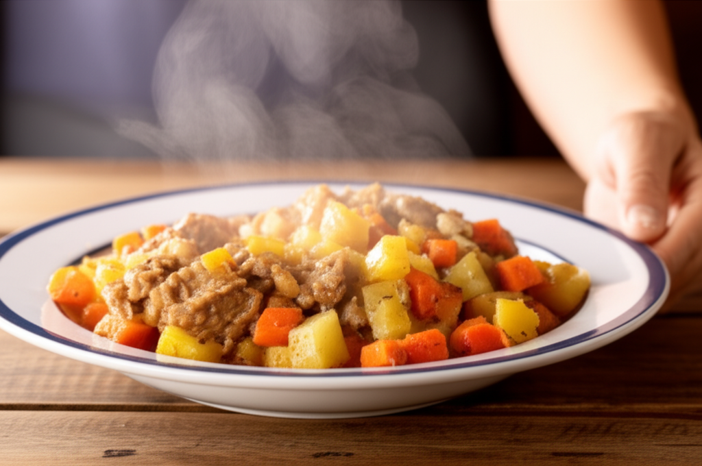 A close-up shot of a steaming plate of food, showing clearly identifiable, home-style ingredients,  with a blurred background subtly showing a friendly-looking person's hand placing the plate down on a rustic wooden table.