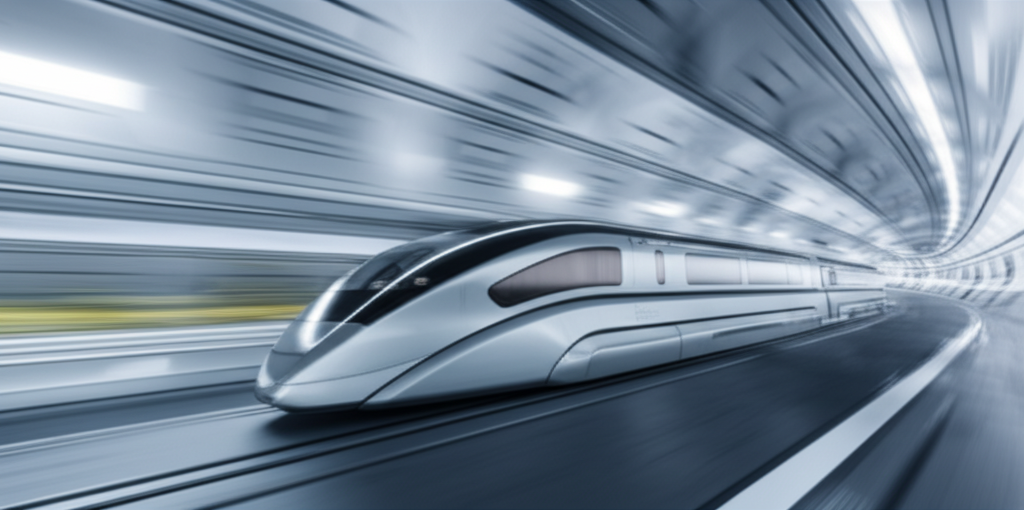 A sleek, futuristic Hyperloop pod partially visible, speeding through a brightly lit, abstract tunnel, with a blurred, miniature landscape rushing past outside.  The pod should be subtly suggestive of comfort and luxury.