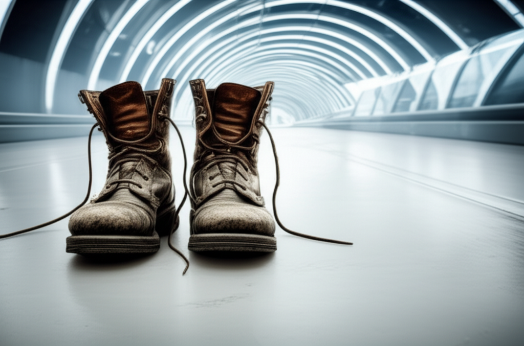 A pair of well-worn, slightly dusty travel boots, resting on a pristine, futuristic-looking floor of a hyperloop station.