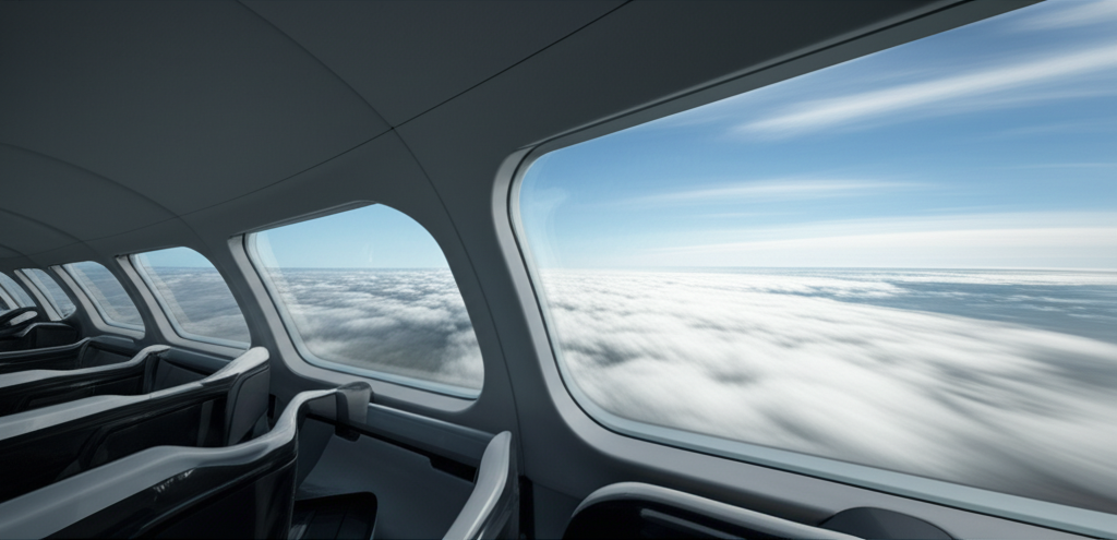 A sleek, minimalist hyperloop pod interior, showcasing comfortable seating and large windows revealing a breathtaking, fast-moving landscape blur of clouds and land below.