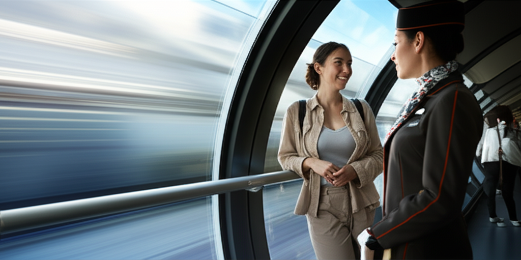A smiling woman in comfortable travel clothes, casually chatting with a friendly-looking hyperloop attendant, both looking out a large panoramic window showing a blurred, fast-moving landscape below.