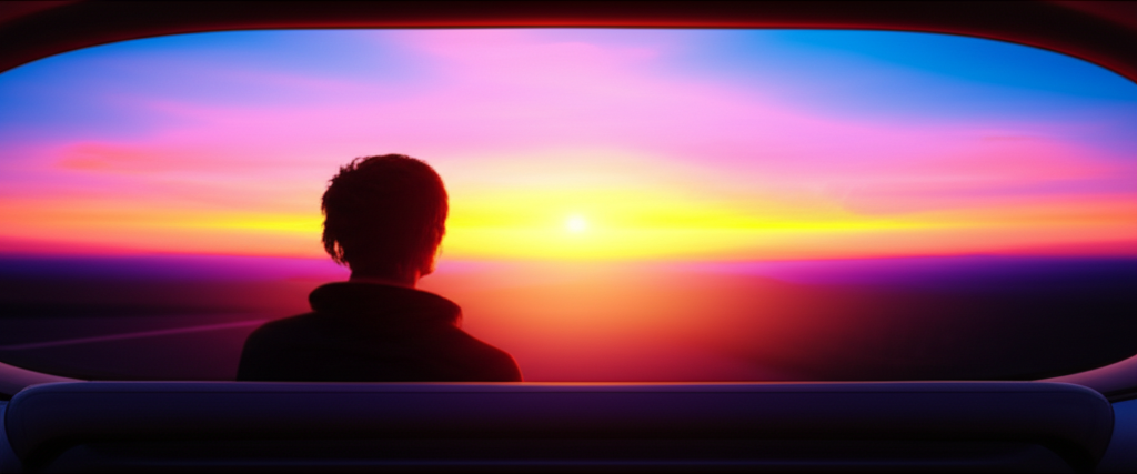 A person silhouetted against a vibrant sunset, looking out a large panoramic window from a sleek, futuristic-looking vehicle, a faint, blurred landscape visible beyond.