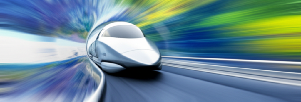 A sleek, futuristic hyperloop pod speeding through a transparent tube, with a vibrant, stylized landscape quickly blurring past outside the tube.
