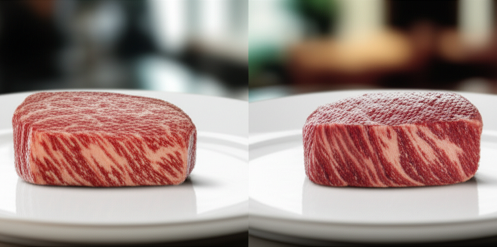 A close-up shot of two identical-looking steaks on identical plates, side-by-side.  One is lab-grown, one is traditionally raised.  No identifying marks are visible.