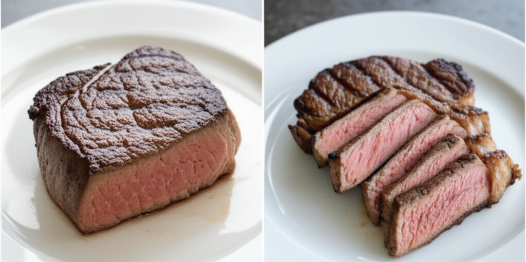A split image showing a perfectly seared lab-grown steak on one side and a perfectly seared traditional steak on the other, both on identical plates.